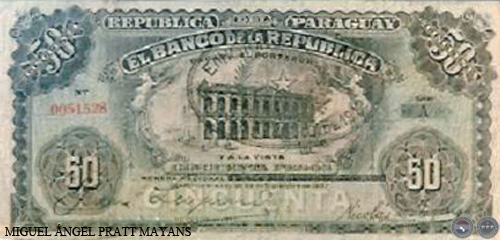 CINCUENTA PESOS MONEDA NACIONAL - RESELLADO A.A. 25 - FIRMA: JUAN LEOPARDI - NICOLÁS D. ANGULO